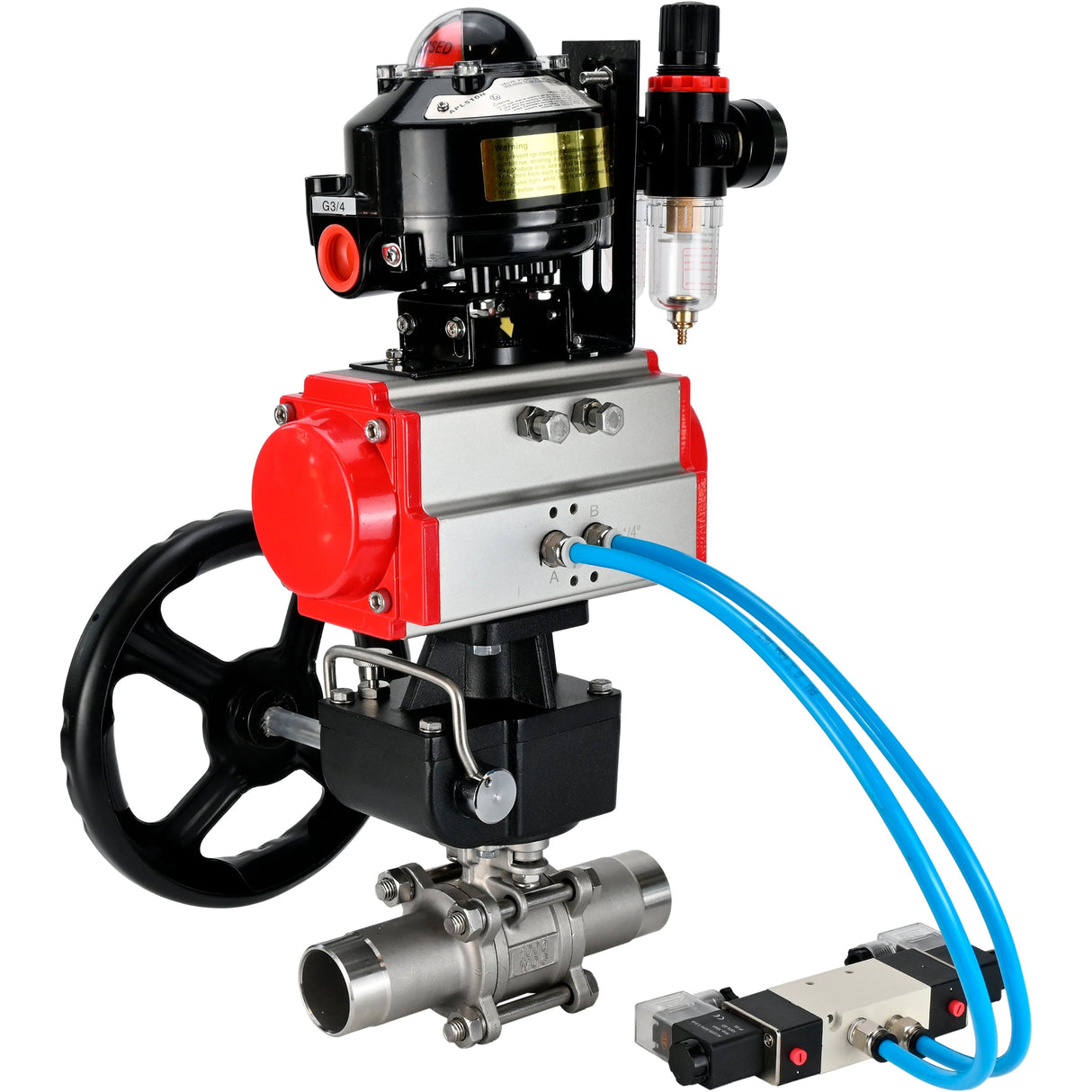 Ball valves Elephant BV3232P(3pc)-FP-W-ISO-H LONG DN50-150 full bore, body - stainless steel 316, for welding, with pneumatic actuator PA-DA, pneumatic distributor 4V320-08 220V, MON gearbox, LSU APL-510N EX and ATU AFC2000