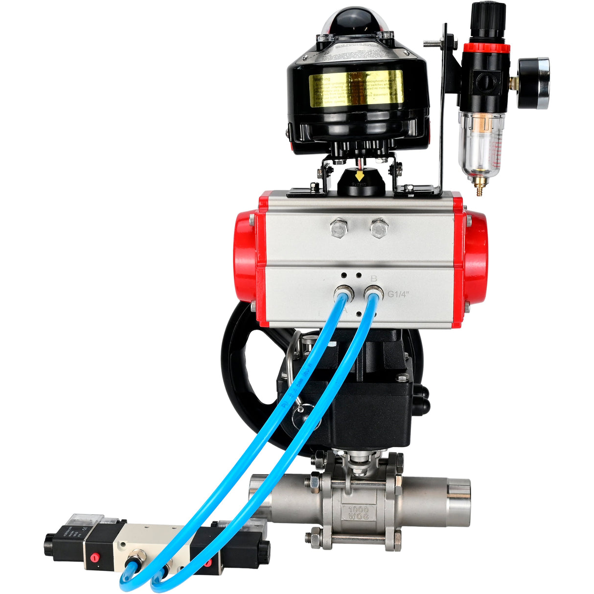 Ball valves Elephant BV3131P(3pc)-FP-W-ISO-H LONG DN50-150 full bore, body - stainless steel 304, for welding, with pneumatic actuator PA-DA, pneumatic distributor 4V320-10 220V, MON reducer, LSU APL-510N EX and ATU AFC2000