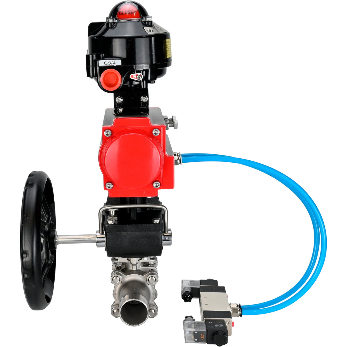 Ball valves Elephant BV3232P(3pc)-FP-W-ISO-H LONG DN50-150 full bore, body - stainless steel 316, for welding, with pneumatic actuator PA-DA, pneumatic distributor 4V320-10 220V, MON gearbox and block limit switches APL-510N EX