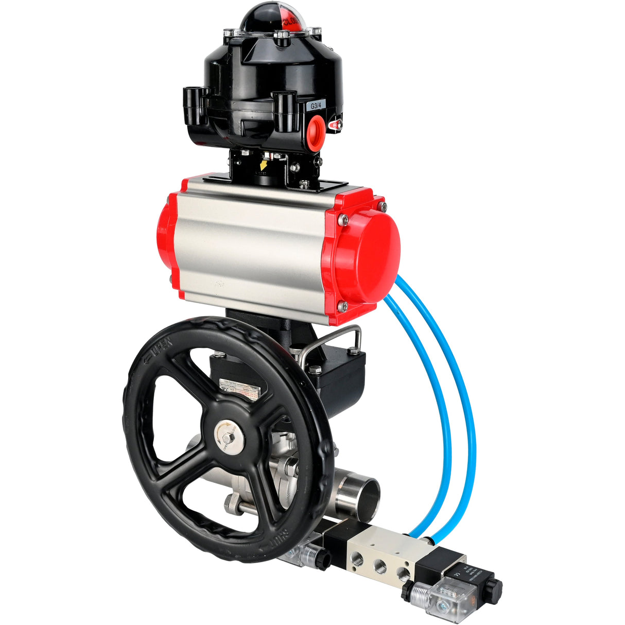 Ball valves Elephant BV3232P(3pc)-FP-W-ISO-H LONG DN50-150 full bore, body - stainless steel 316, for welding, with pneumatic actuator PA-DA, pneumatic distributor 4V320-10 220V, MON gearbox and block limit switches APL-510N EX