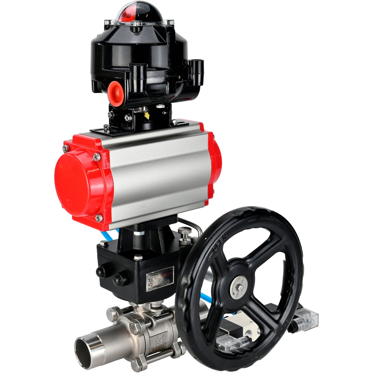 Ball valves Elephant BV3232P(3pc)-FP-W-ISO-H LONG DN50-150 full bore, body - stainless steel 316, for welding, with PA-DA pneumatic actuator, pneumatic distributor 4V320-08 220V, MON gearbox and block limit switches APL-510N EX