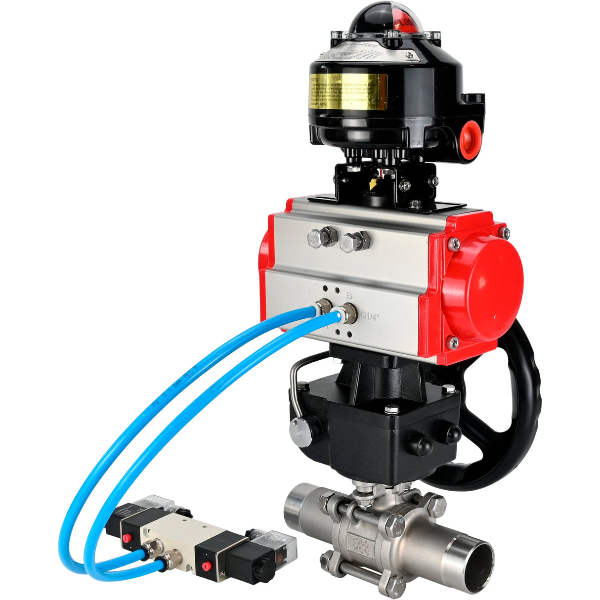 Ball valves Elephant BV3131P(3pc)-FP-W-ISO-H LONG DN50-150 full bore, body - stainless steel 304, welded, with pneumatic actuator PA-DA, pneumatic distributor 4V320-10 220V, MON gearbox and block limit switches APL-510N EX