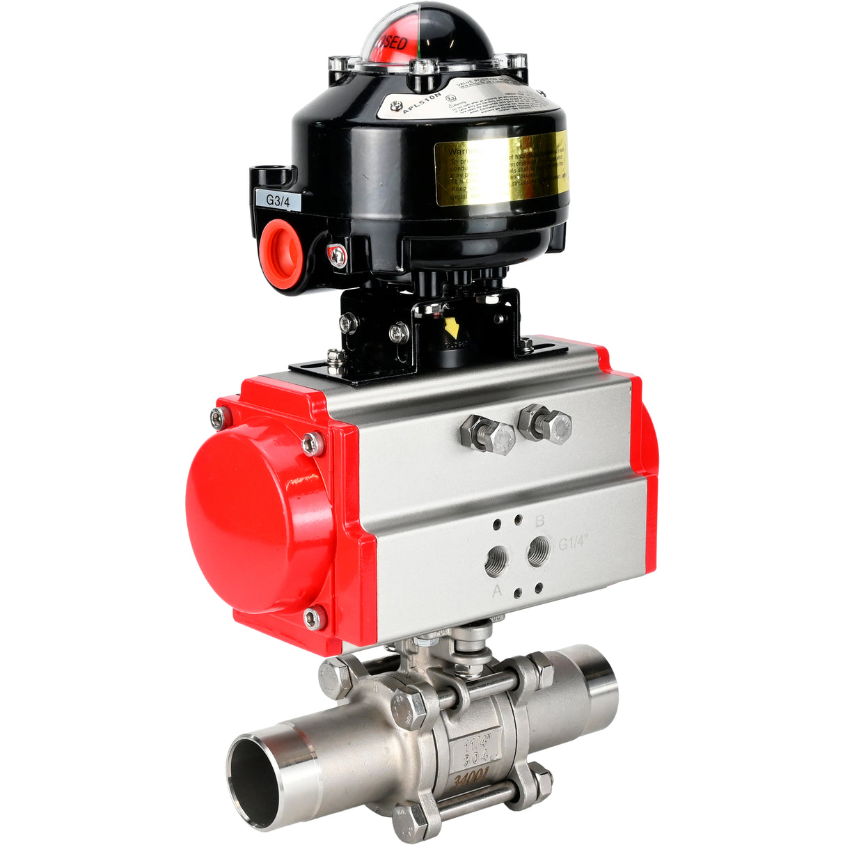 Ball valves Elephant BV3131P(3pc)-FP-W-ISO-H LONG DN10-150 full bore, body - stainless steel 304, welded, with pneumatic actuator Elephant PA-SA and limit switch block APL-510N EX
