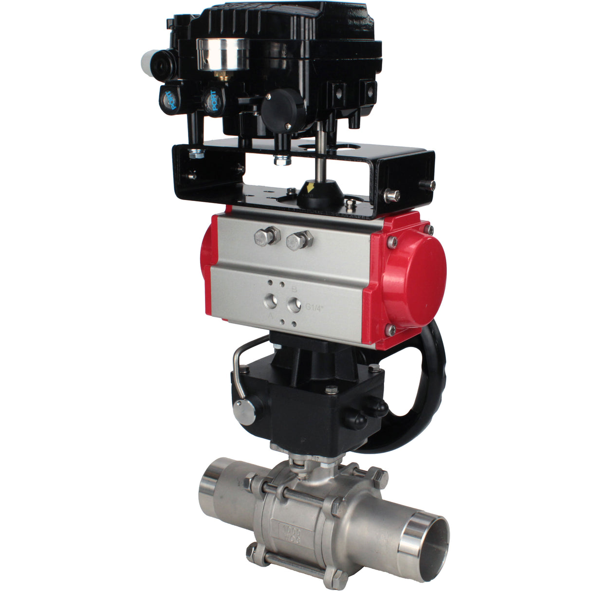 Ball valves Elephant BV3131P(3pc)-FP-W-ISO-H LONG DN50-150 full bore, body - stainless steel 304, welded, with Elephant PA-DA pneumatic actuator, Elephant MON reducer and YT-1000RSN pneumatic positioner