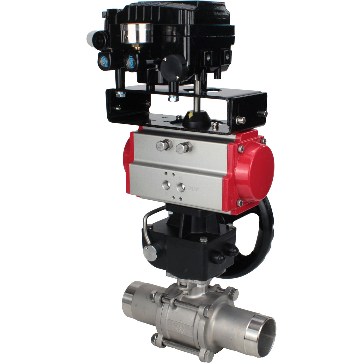 Ball valves Elephant BV3232P(3pc)-FP-W-ISO-H LONG DN50-150 full bore, body - stainless steel 316, welded, with Elephant PA-DA pneumatic actuator, Elephant MON reducer and YT-1000RSN pneumatic positioner