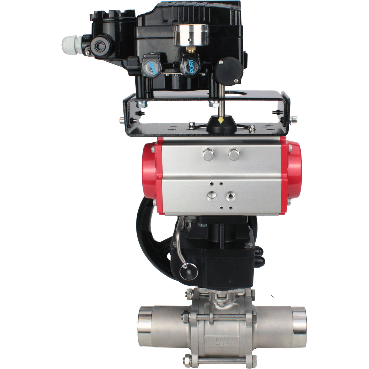 Ball valves Elephant BV3131P(3pc)-FP-W-ISO-H LONG DN50-150 full bore, body - stainless steel 304, welded, with Elephant PA-DA pneumatic actuator, Elephant MON reducer and YT-1000RSN pneumatic positioner