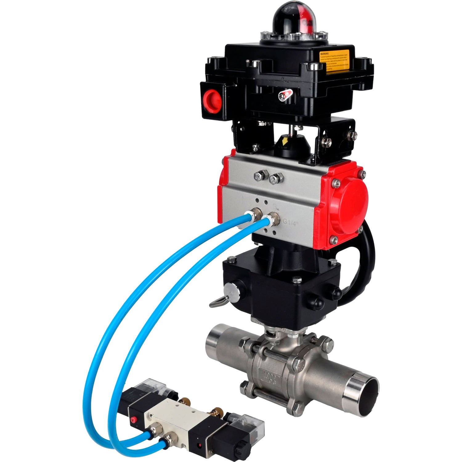 Ball valves Elephant BV3232P(3pc)-FP-W-ISO-H LONG,  body material - Stainless steel AISI 316, seal - PTFE / PTFE / Teflon, with pneumatic actuator double action PA-DA, 4V320-10 220V, LSU APL-410N Ex, handwheel MON