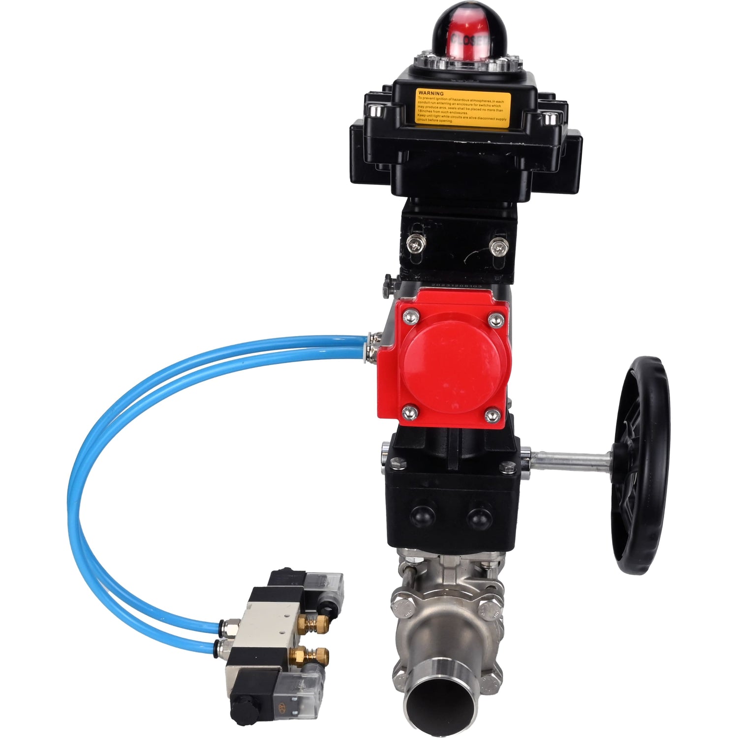 Ball valves Elephant BV3232P(3pc)-FP-W-ISO-H LONG,  body material - Stainless steel AISI 316, seal - PTFE / PTFE / Teflon, with pneumatic actuator double action PA-DA, 4V320-10 220V, LSU APL-410N Ex, handwheel MON