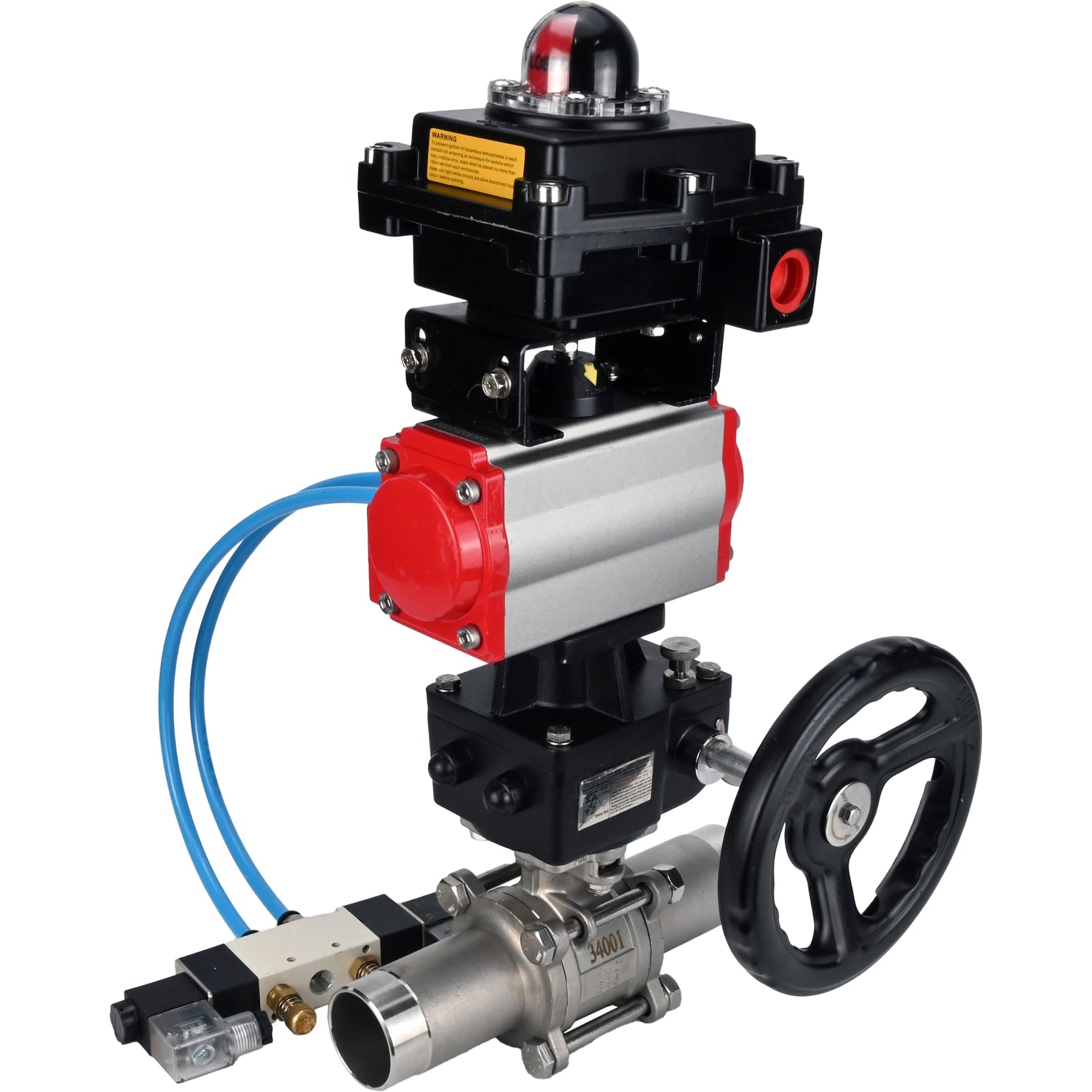 Ball valves Elephant BV3232P(3pc)-FP-W-ISO-H LONG,  body material - Stainless steel AISI 316, seal - PTFE / PTFE / Teflon, with pneumatic actuator double action PA-DA, 4V320-10 220V, LSU APL-410N Ex, handwheel MON