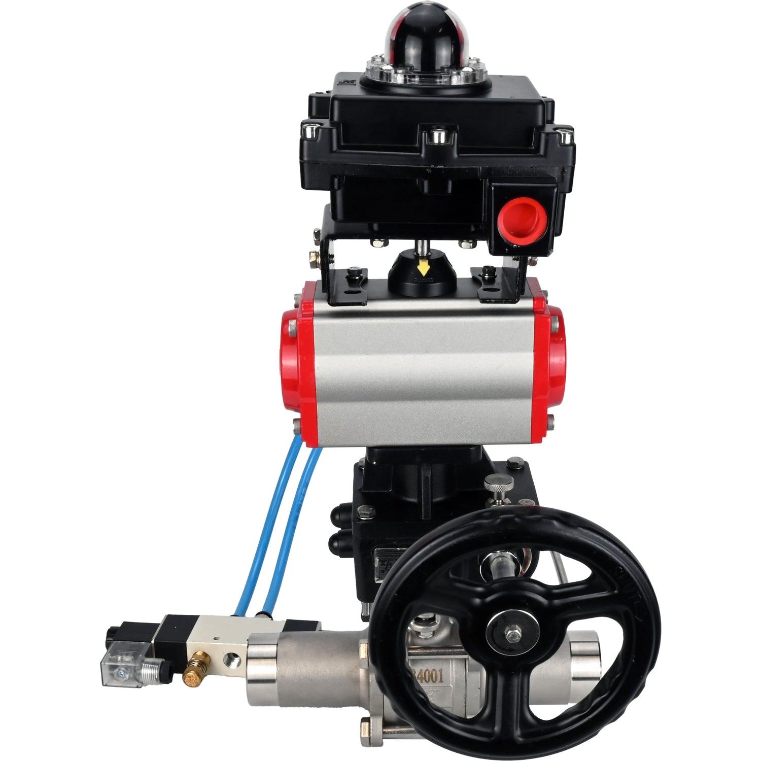 Ball valves Elephant BV3232P(3pc)-FP-W-ISO-H LONG,  body material - Stainless steel AISI 316, seal - PTFE / PTFE / Teflon, with pneumatic actuator double action PA-DA, 4V320-10 220V, LSU APL-410N Ex, handwheel MON