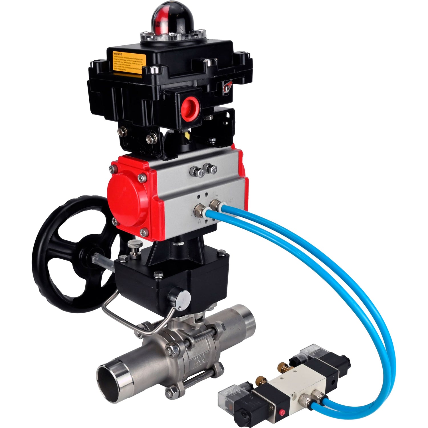 Ball valves Elephant BV3232P(3pc)-FP-W-ISO-H LONG,  body material - Stainless steel AISI 316, seal - PTFE / PTFE / Teflon, with pneumatic actuator double action PA-DA, 4V320-10 220V, LSU APL-410N Ex, handwheel MON