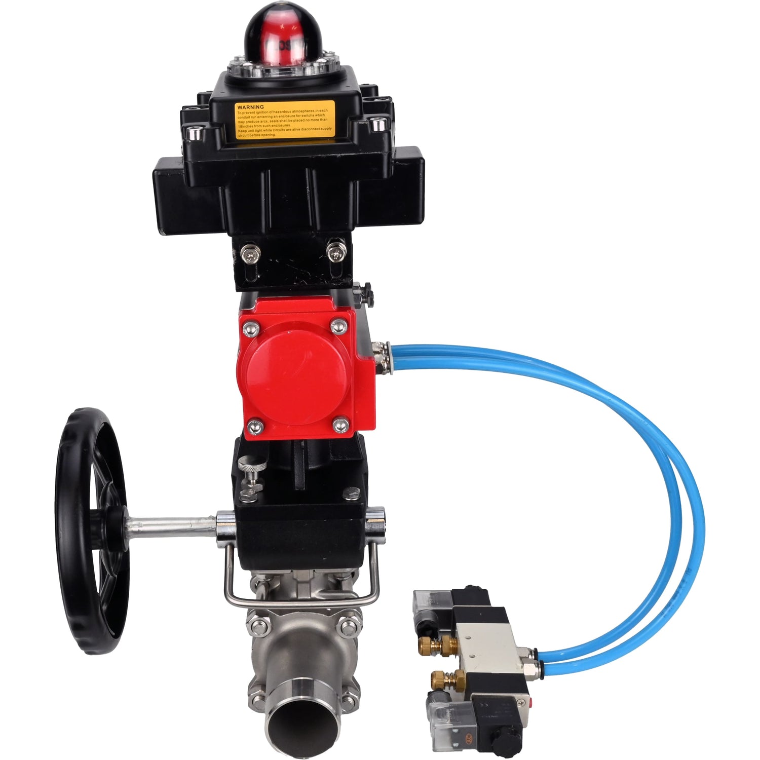 Ball valves Elephant BV3232P(3pc)-FP-W-ISO-H LONG,  body material - Stainless steel AISI 316, seal - PTFE / PTFE / Teflon, with pneumatic actuator double action PA-DA, 4V320-10 220V, LSU APL-410N Ex, handwheel MON