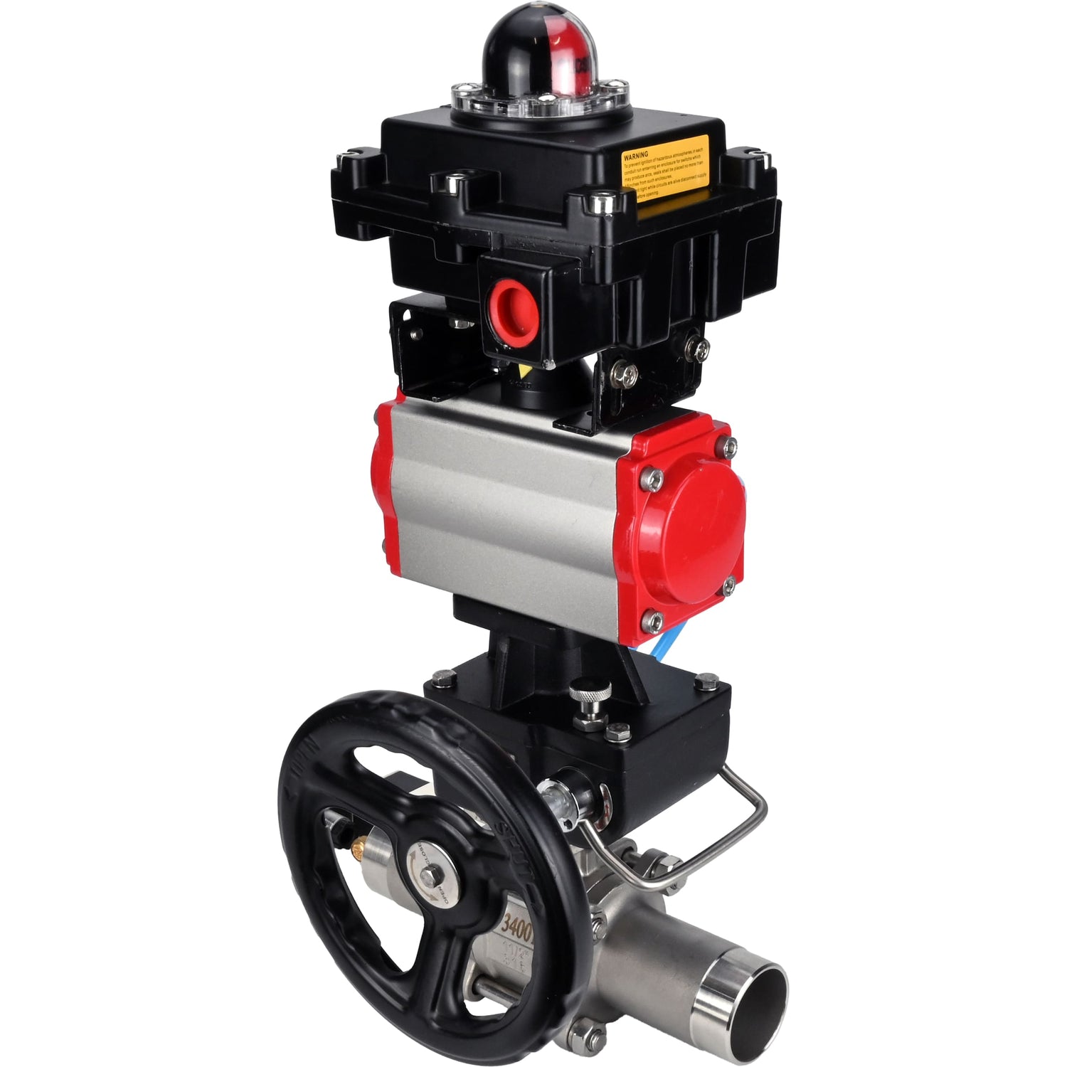 Ball valves Elephant BV3232P(3pc)-FP-W-ISO-H LONG,  body material - Stainless steel AISI 316, seal - PTFE / PTFE / Teflon, with pneumatic actuator double action PA-DA, 4V320-10 220V, LSU APL-410N Ex, handwheel MON