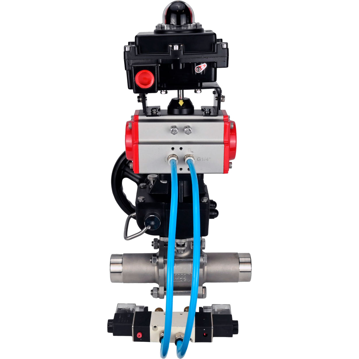 Ball valves Elephant BV3232P(3pc)-FP-W-ISO-H LONG,  body material - Stainless steel AISI 316, seal - PTFE / PTFE / Teflon, with pneumatic actuator double action PA-DA, 4V320-10 220V, LSU APL-410N Ex, handwheel MON