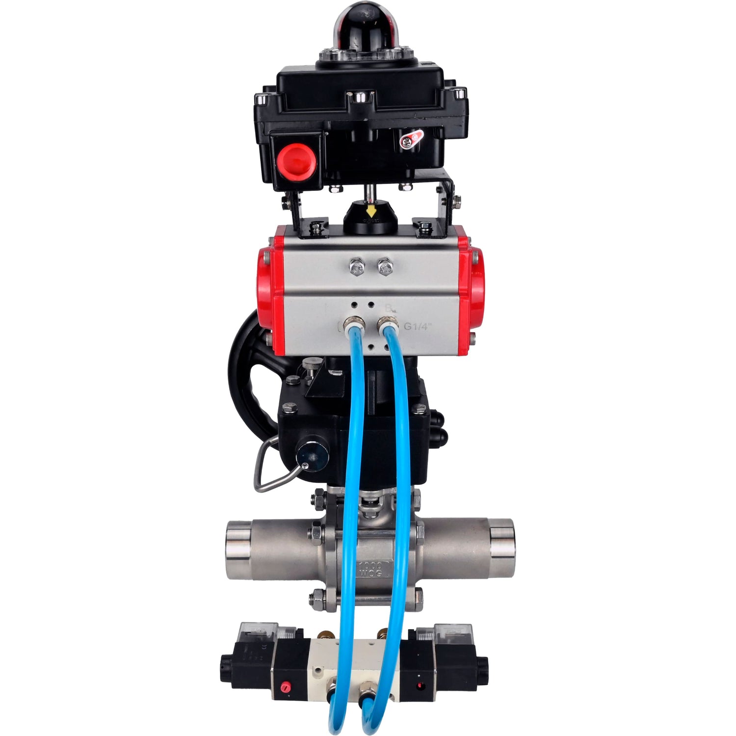 Ball valves Elephant BV3232P(3pc)-FP-W-ISO-H LONG,  body material - Stainless steel AISI 316, seal - PTFE / PTFE / Teflon, with pneumatic actuator double action PA-DA, 4V320-10 220V, LSU APL-410N Ex, handwheel MON