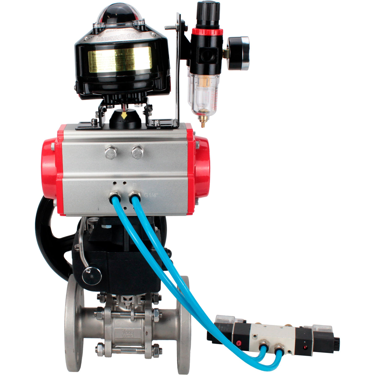 Ball valves Elephant BV3232P(3pc)-FP-F-ISO-H flanged, three-piece, body - stainless steel SS316, seal - PTFE, with pneumatic drive PA-DA-052-130 pneumatic distributor 4V320-10 gearbox MON ATU AFC2000 LSU APL-510N-EX