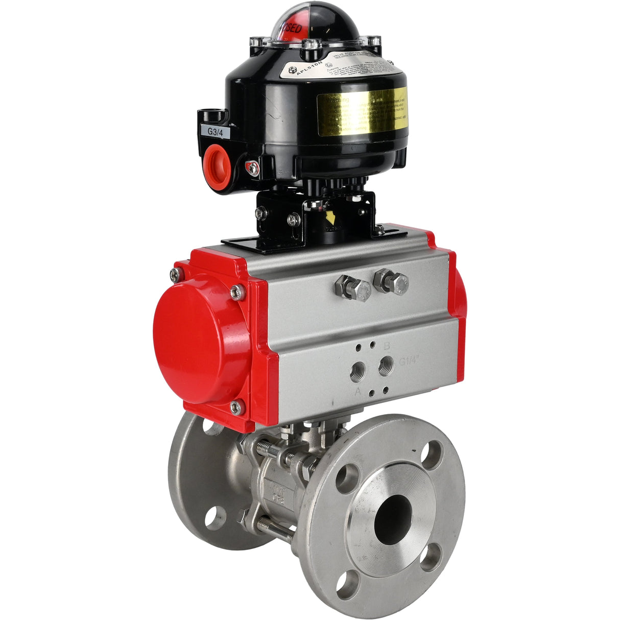 Ball valves Elephant BV3232P(3pc)-FP-F-ISO-H flanged, full bore, three-piece, body - stainless steel SS316, seal - PTFE, with pneumatic actuator Elephant PA-DA 052-130 and LSU APL -510N-EX