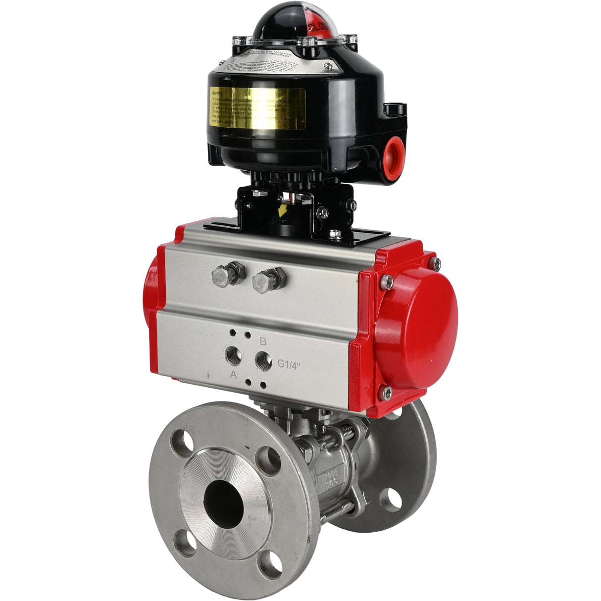 Ball valves Elephant BV3131P(3pc)-FP-F-ISO-H flanged, full bore, three-piece, body - stainless steel SS304, seal - PTFE, with pneumatic actuator Elephant PA-DA 052-130 and LSU APL -510N-EX