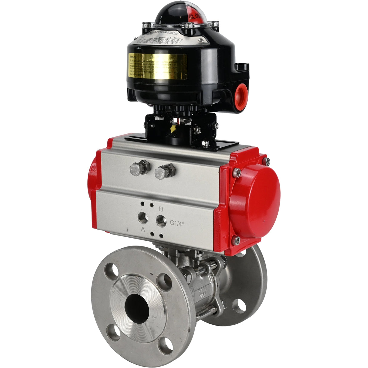 Ball valves Elephant BV3232P(3pc)-FP-F-ISO-H flanged, full bore, three-piece, body - stainless steel SS316, seal - PTFE, with pneumatic actuator Elephant PA-SA 065-160 and LSU APL -510N-EX