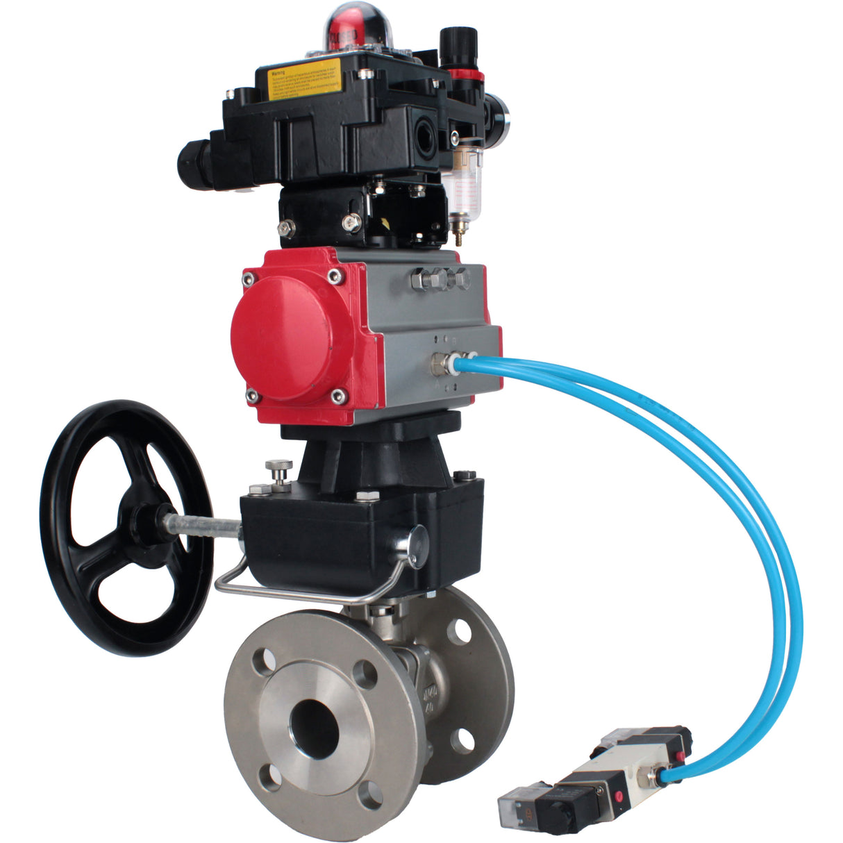 Ball valves Elephant BV3232P(2pc)-FP-F-ISO-H, body material - Stainless steel AISI 316, seal - PTFE / PTFE / Teflon, with pneumatic actuator double action PA-DA, 4V320-08 220V, LSU APL-410N Ex, handwheel MON, ATU AFC2000