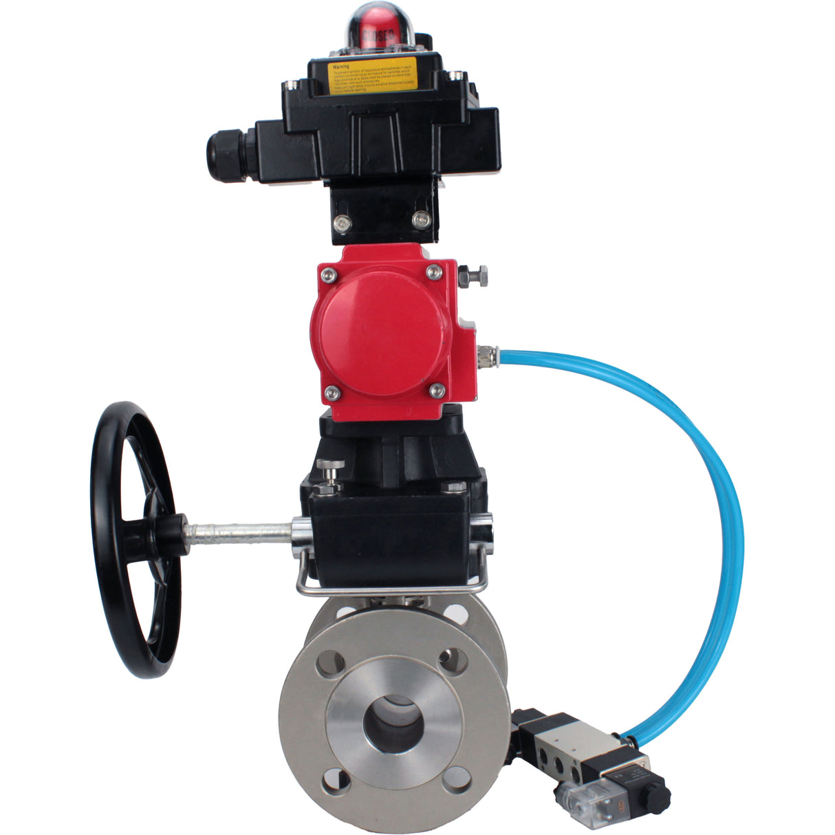 Ball valves Elephant BV3232P(2pc)-FP-F-ISO-H, body material - Stainless steel AISI 316, seal - PTFE / PTFE / Teflon, with pneumatic actuator double action PA-DA, 4V320-08 220V, LSU APL-410N Ex, handwheel MON, ATU AFC2000