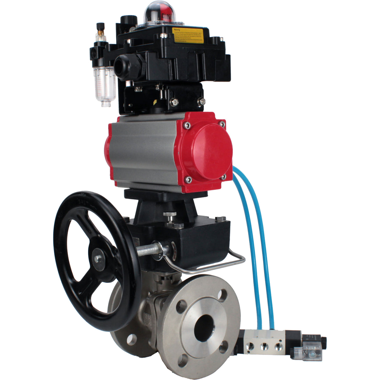 Ball valves Elephant BV3232P(2pc)-FP-F-ISO-H, body material - Stainless steel AISI 316, seal - PTFE / PTFE / Teflon, with pneumatic actuator double action PA-DA, 4V320-08 220V, LSU APL-410N Ex, handwheel MON, ATU AFC2000