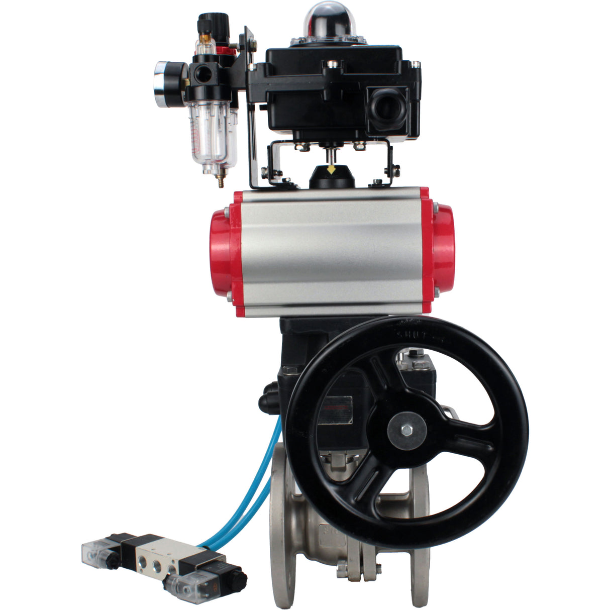 Ball valves Elephant BV3232P(2pc)-FP-F-ISO-H, body material - Stainless steel AISI 316, seal - PTFE / PTFE / Teflon, with pneumatic actuator double action PA-DA, 4V320-08 220V, LSU APL-410N Ex, handwheel MON, ATU AFC2000