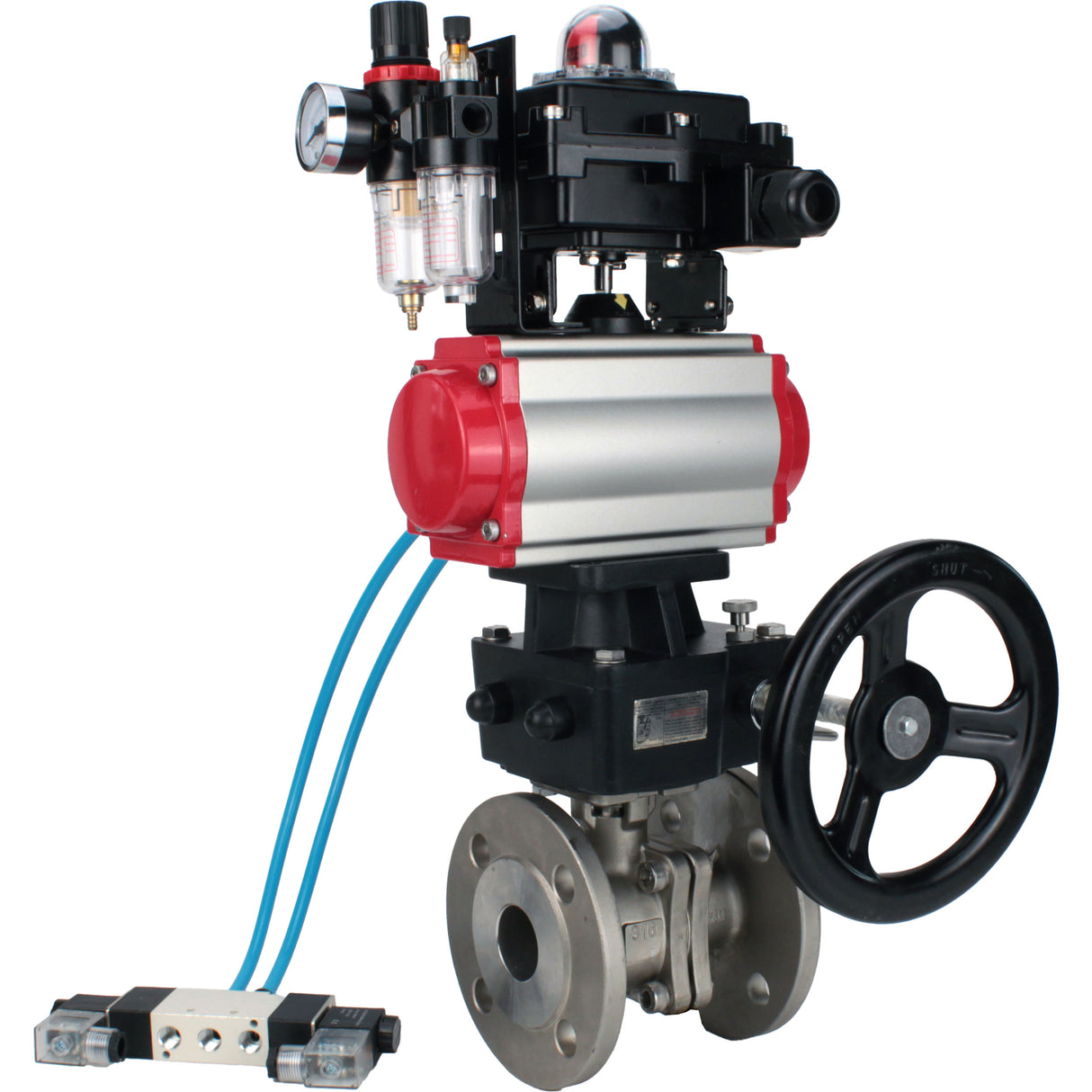Ball valves Elephant BV3232P(2pc)-FP-F-ISO-H, body material - Stainless steel AISI 316, seal - PTFE / PTFE / Teflon, with pneumatic actuator double action PA-DA, 4V320-08 220V, LSU APL-410N Ex, handwheel MON, ATU AFC2000