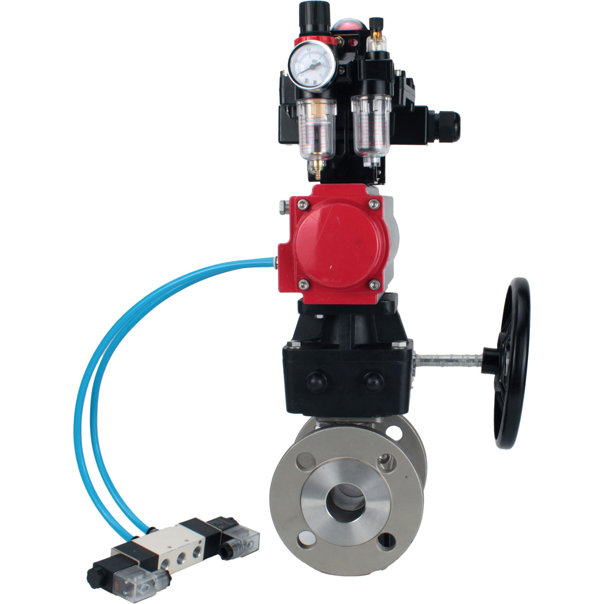 Ball valves Elephant BV3232P(2pc)-FP-F-ISO-H, body material - Stainless steel AISI 316, seal - PTFE / PTFE / Teflon, with pneumatic actuator double action PA-DA, 4V320-08 220V, LSU APL-410N Ex, handwheel MON, ATU AFC2000