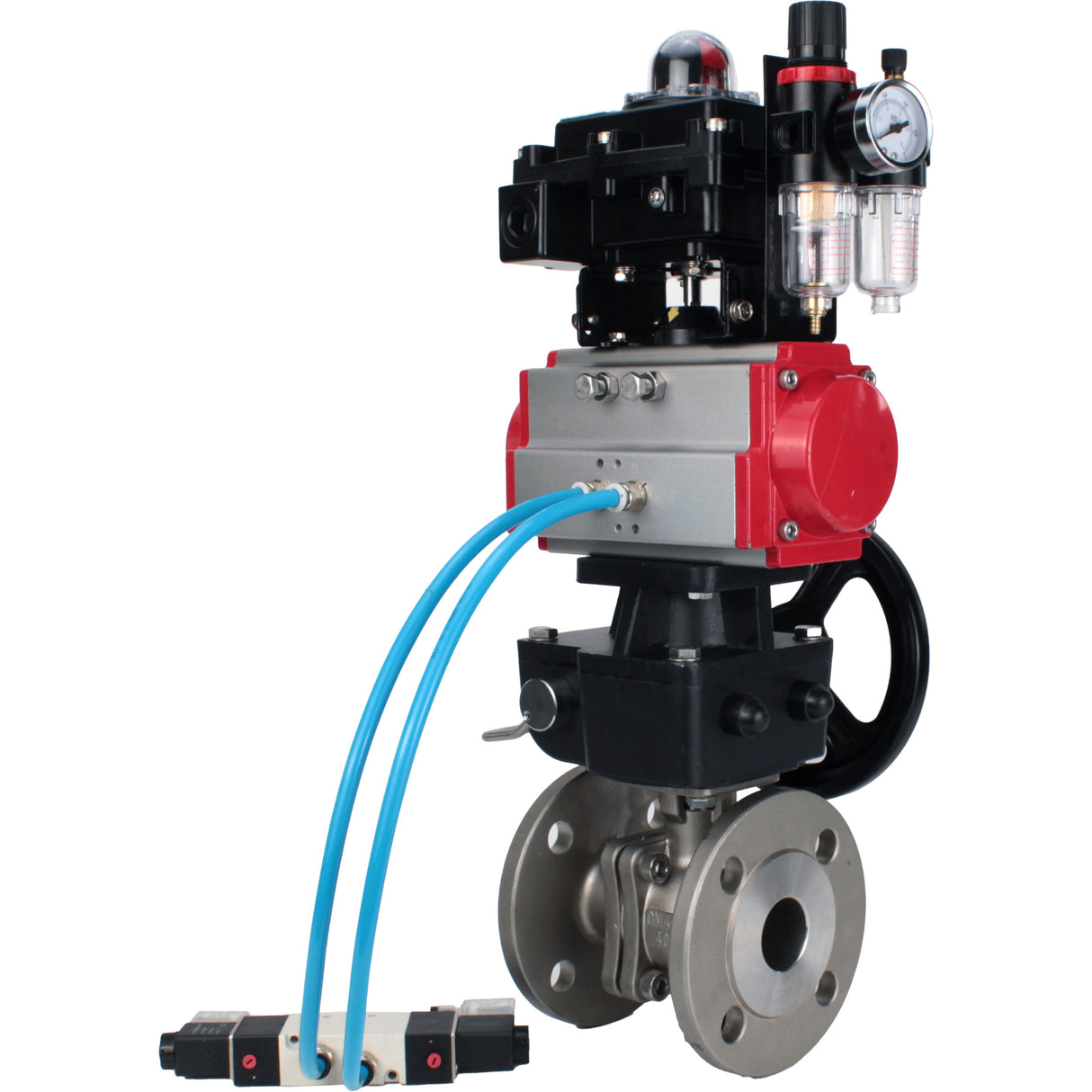 Ball valves Elephant BV3232P(2pc)-FP-F-ISO-H, body material - Stainless steel AISI 316, seal - PTFE / PTFE / Teflon, with pneumatic actuator double action PA-DA, 4V320-08 220V, LSU APL-410N Ex, handwheel MON, ATU AFC2000