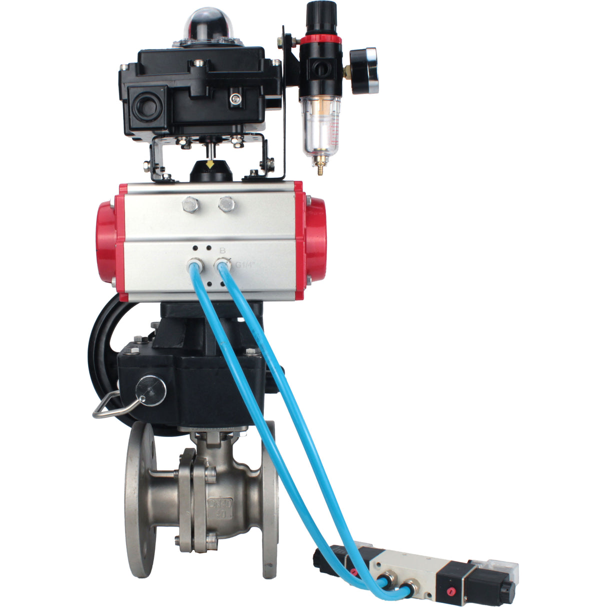 Ball valves Elephant BV3232P(2pc)-FP-F-ISO-H, body material - Stainless steel AISI 316, seal - PTFE / PTFE / Teflon, with pneumatic actuator double action PA-DA, 4V320-08 220V, LSU APL-410N Ex, handwheel MON, ATU AFC2000