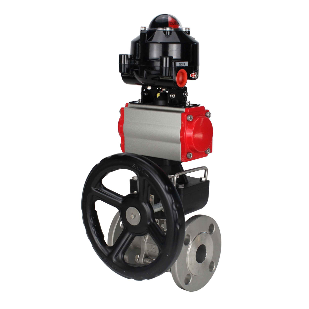 Ball valves Elephant BV3232P(3pc)-FP-F-ISO-H flanged, full bore, three-piece, stainless steel body. steel SS316, seal - PTFE, with pneumatic drive Elephant PA-DA 052-130 pneumatic distributor 4M310-08 NAMUR 220V gearbox MON LSU APL-510N-EX