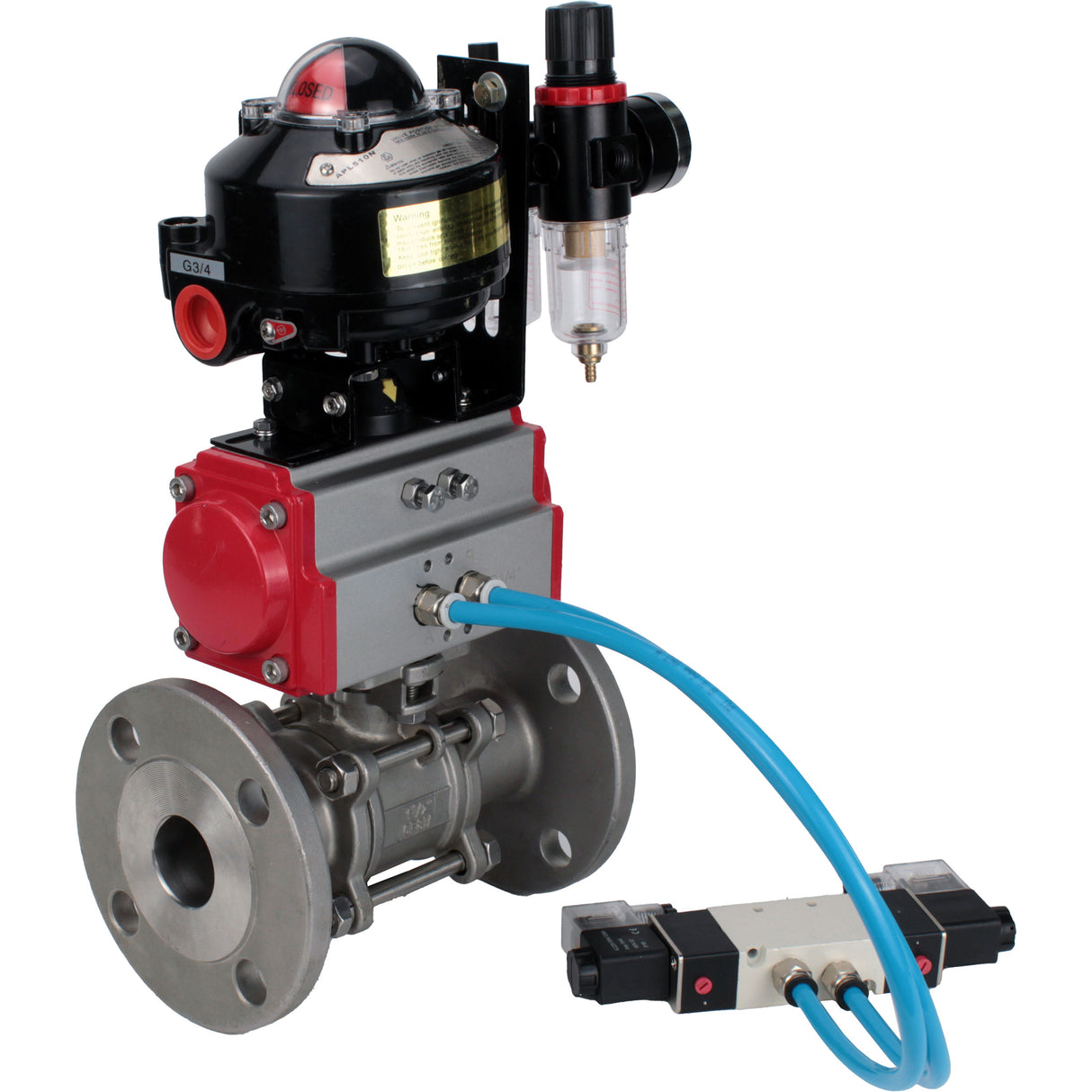 Ball valves Elephant BV3232P(3pc)-FP-F-ISO-H flanged, full bore, three-piece, stainless steel body. steel SS316, seal - PTFE, with pneumatic actuator Elephant PA-SA 065-160 pneumatic distributor 4V320-08 ATU AFC2000 APL-510N-EX