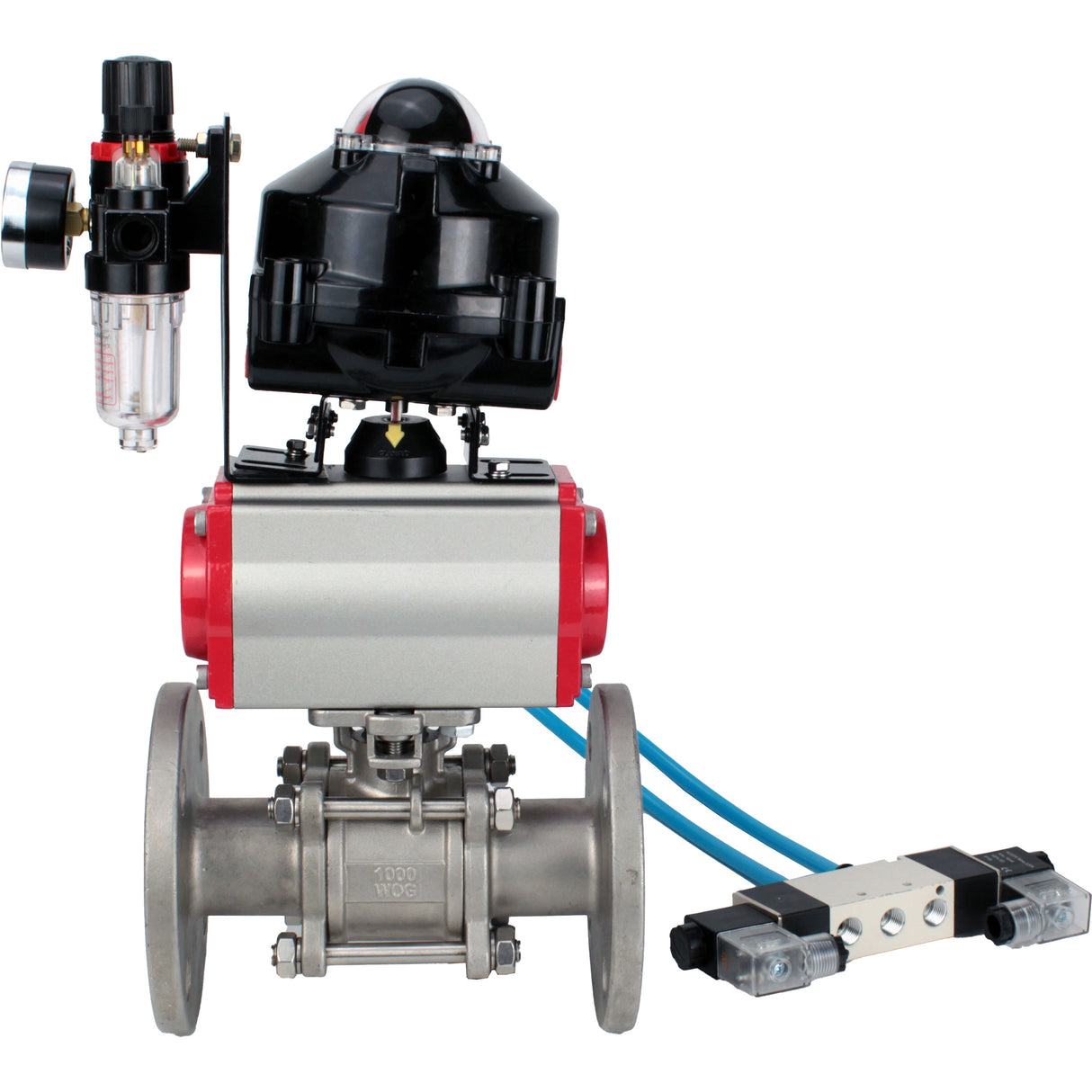 Ball valves Elephant BV3232P(3pc)-FP-F-ISO-H flanged, full bore, three-piece, stainless steel body. steel SS316, seal - PTFE, with pneumatic actuator Elephant PA-SA 065-160 pneumatic distributor 4V320-08 ATU AFC2000 APL-510N-EX