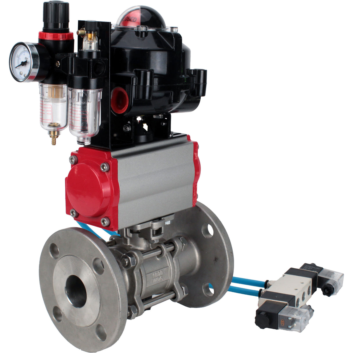 Ball valves Elephant BV3232P(3pc)-FP-F-ISO-H flanged, full bore, three-piece, stainless steel body. steel SS316, seal - PTFE, with pneumatic actuator Elephant PA-SA 065-160 pneumatic distributor 4V320-08 ATU AFC2000 APL-510N-EX