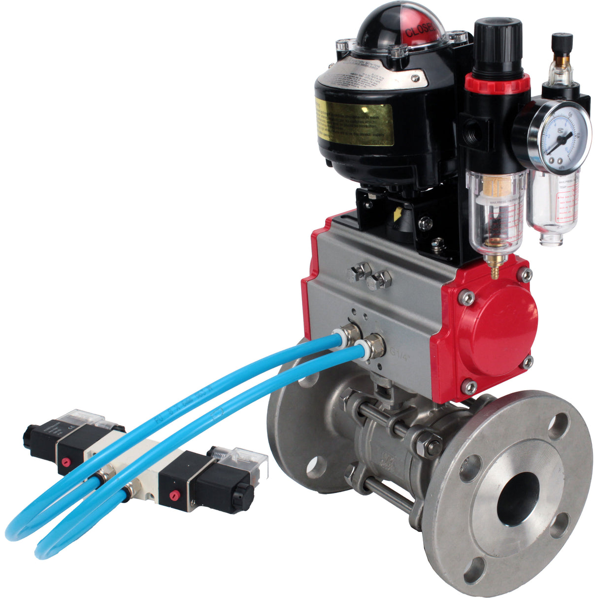 Ball valves Elephant BV3232P(3pc)-FP-F-ISO-H flanged, full bore, three-piece, stainless steel body. steel SS316, seal - PTFE, with pneumatic actuator Elephant PA-SA 065-160 pneumatic distributor 4V320-08 ATU AFC2000 APL-510N-EX