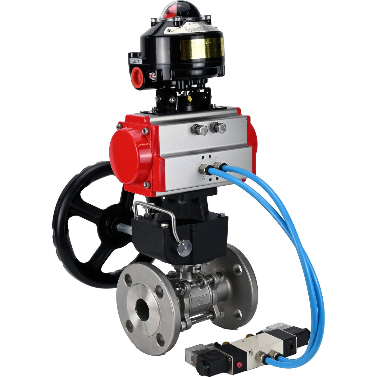 Ball valves Elephant BV3232P(3pc)-FP-F-ISO-H flanged, full bore, three-piece, stainless steel body. steel SS316, seal - PTFE, with pneumatic drive Elephant PA-DA 052-130 pneumatic distributor 4V320-08 gearbox MON LSU APL-510N-EX