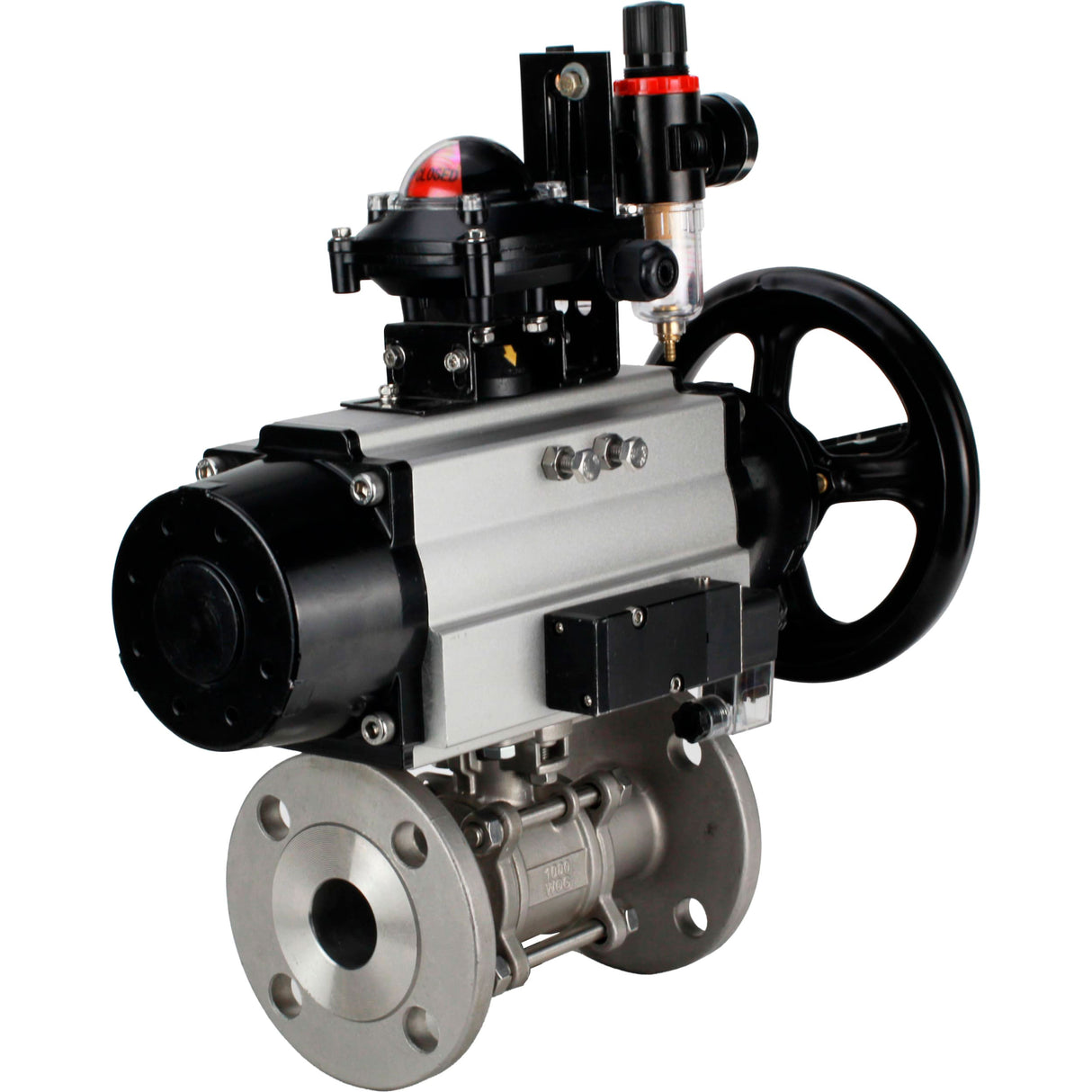 Ball valves Elephant BV3232P(3pc)-FP-F-ISO-H DN65-100 25/40 bar flanged with ISO flange, body - 316 stainless steel, full bore, seal - PTFE, with pneumatic drive PA-DA-105-1, pneumatic distributor 4M310-08 NAMUR 24V, LSU APL-210N, ATU AFC2000