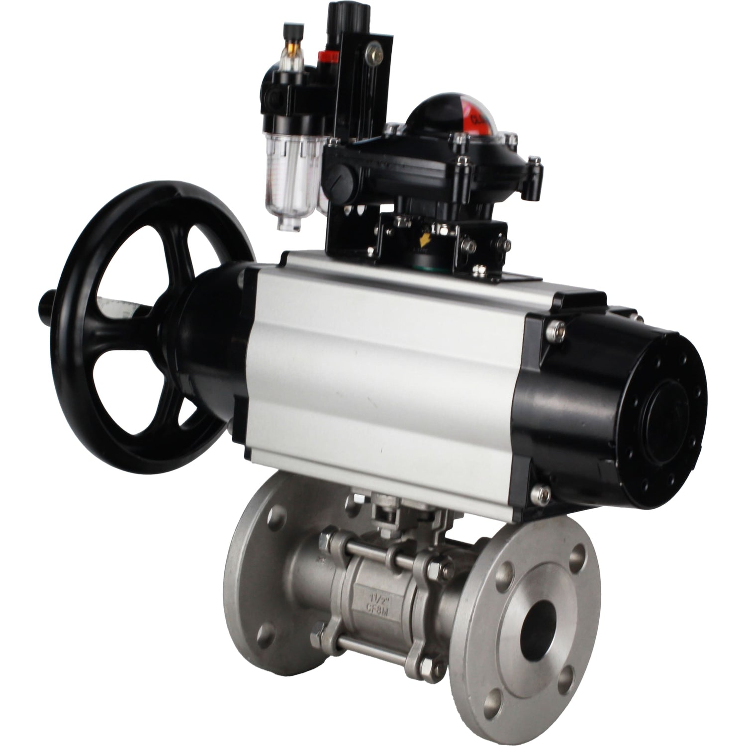 Ball valves Elephant BV3232P(3pc)-FP-F-ISO-H DN65-100 25/40 bar flanged with ISO flange, body - 316 stainless steel, full bore, seal - PTFE, with pneumatic drive PA-DA-105-1, pneumatic distributor 4M310-08 NAMUR 24V, LSU APL-210N, ATU AFC2000