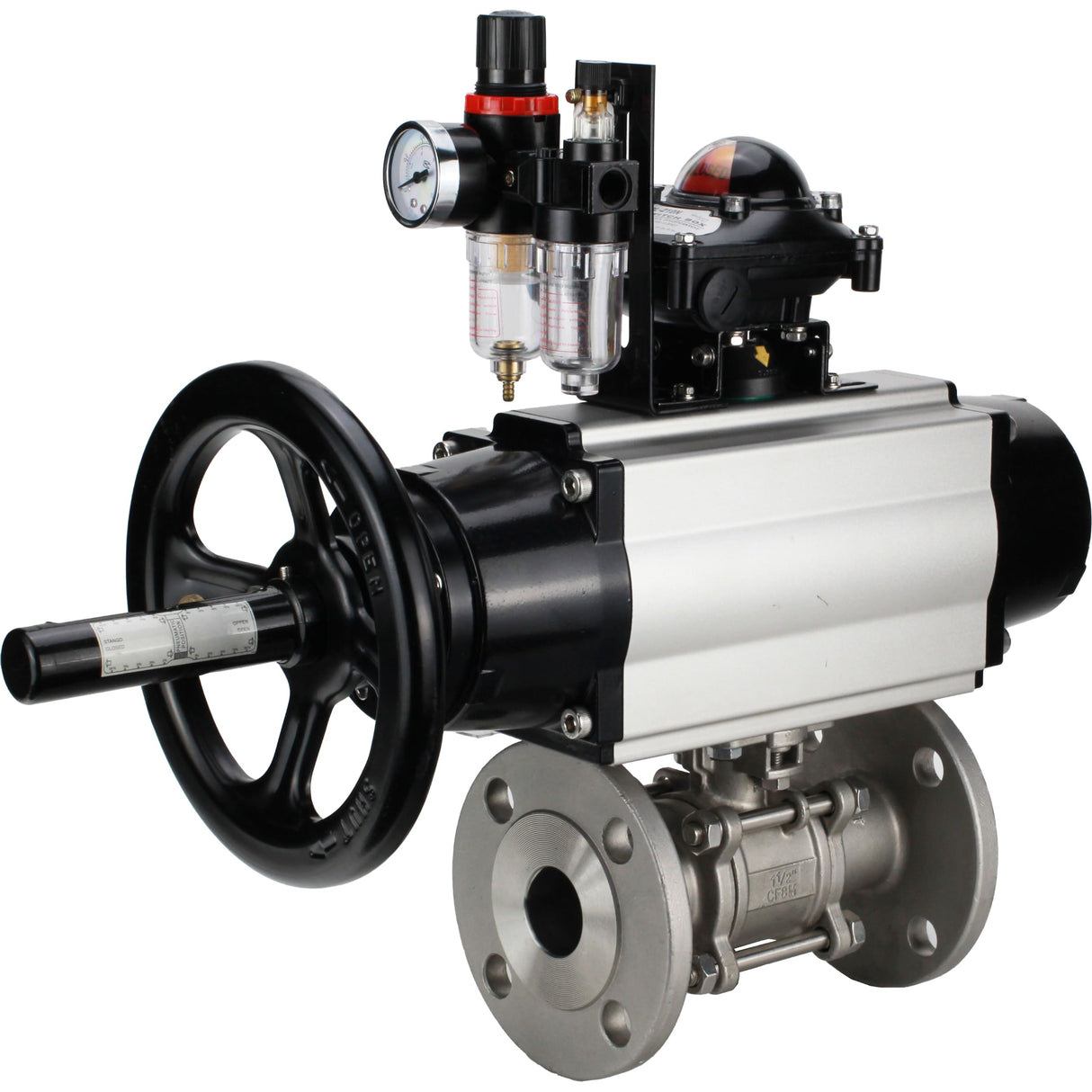 Ball valves Elephant BV3232P(3pc)-FP-F-ISO-H DN65-100 25/40 bar flanged with ISO flange, body - 316 stainless steel, full bore, seal - PTFE, with pneumatic drive PA-DA-105-1, pneumatic distributor 4M310-08 NAMUR 24V, LSU APL-210N, ATU AFC2000