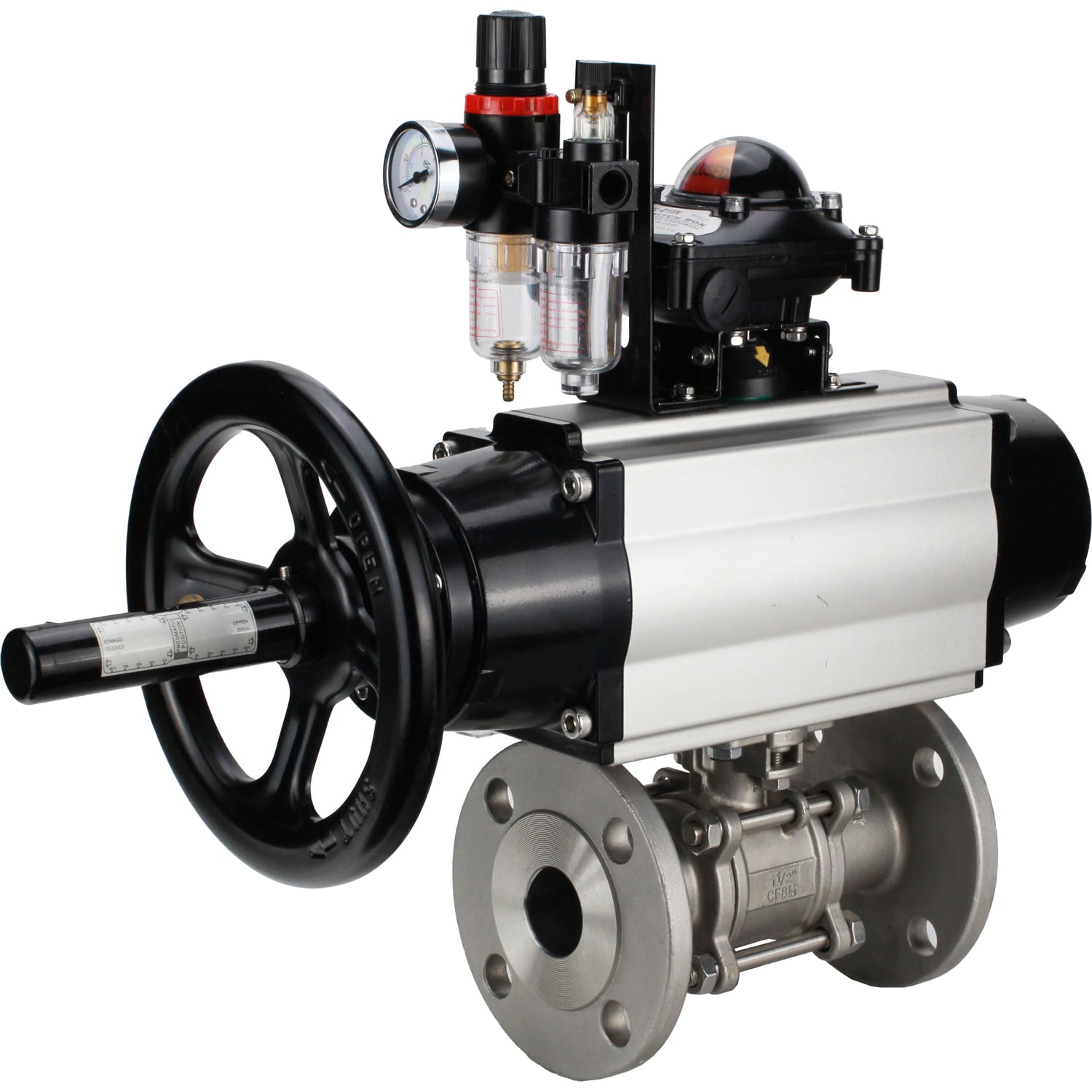 Ball valves Elephant BV3232P(3pc)-FP-F-ISO-H DN65-100 25/40 bar flanged with ISO flange, body - 316 stainless steel, full bore, seal - PTFE, with pneumatic drive PA-DA-105-1, pneumatic distributor 4M310-08 NAMUR 24V, LSU APL-210N, ATU AFC2000