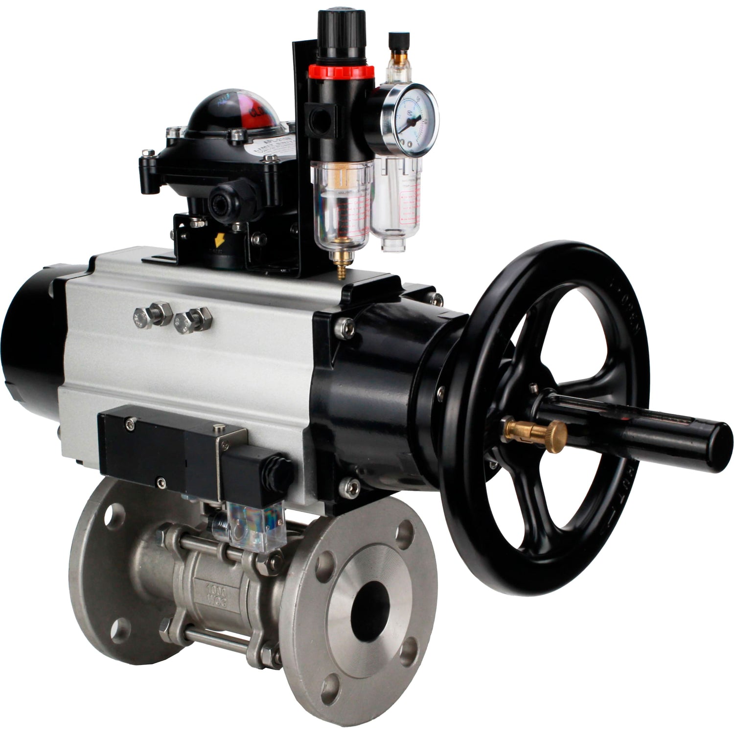 Ball valves Elephant BV3232P(3pc)-FP-F-ISO-H DN65-100 25/40 bar flanged with ISO flange, body - 316 stainless steel, full bore, seal - PTFE, with pneumatic drive PA-DA-105-1, pneumatic distributor 4M310-08 NAMUR 24V, LSU APL-210N, ATU AFC2000