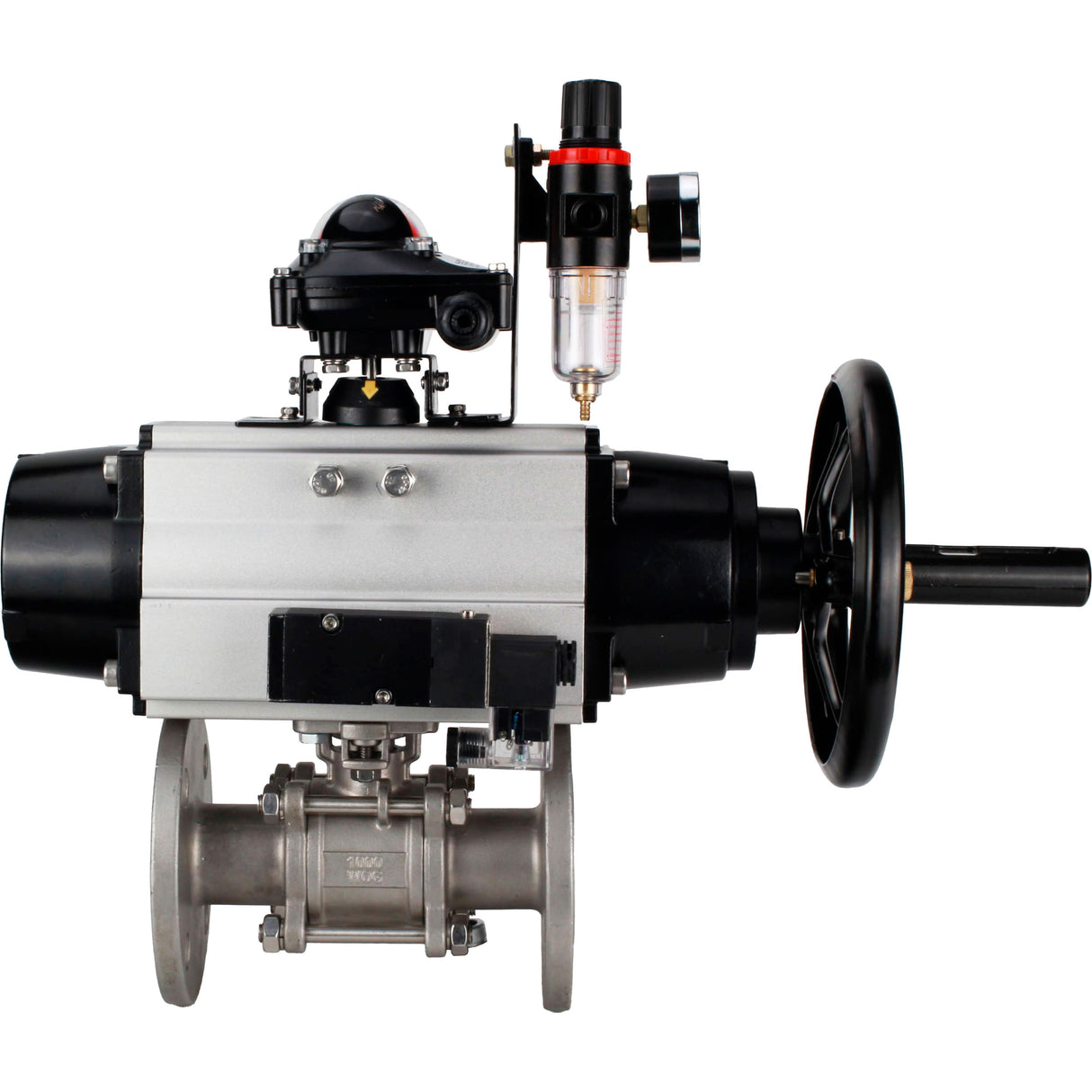 Ball valves Elephant BV3232P(3pc)-FP-F-ISO-H DN65-100 25/40 bar flanged with ISO flange, body - 316 stainless steel, full bore, seal - PTFE, with pneumatic drive PA-DA-105-1, pneumatic distributor 4M310-08 NAMUR 24V, LSU APL-210N, ATU AFC2000