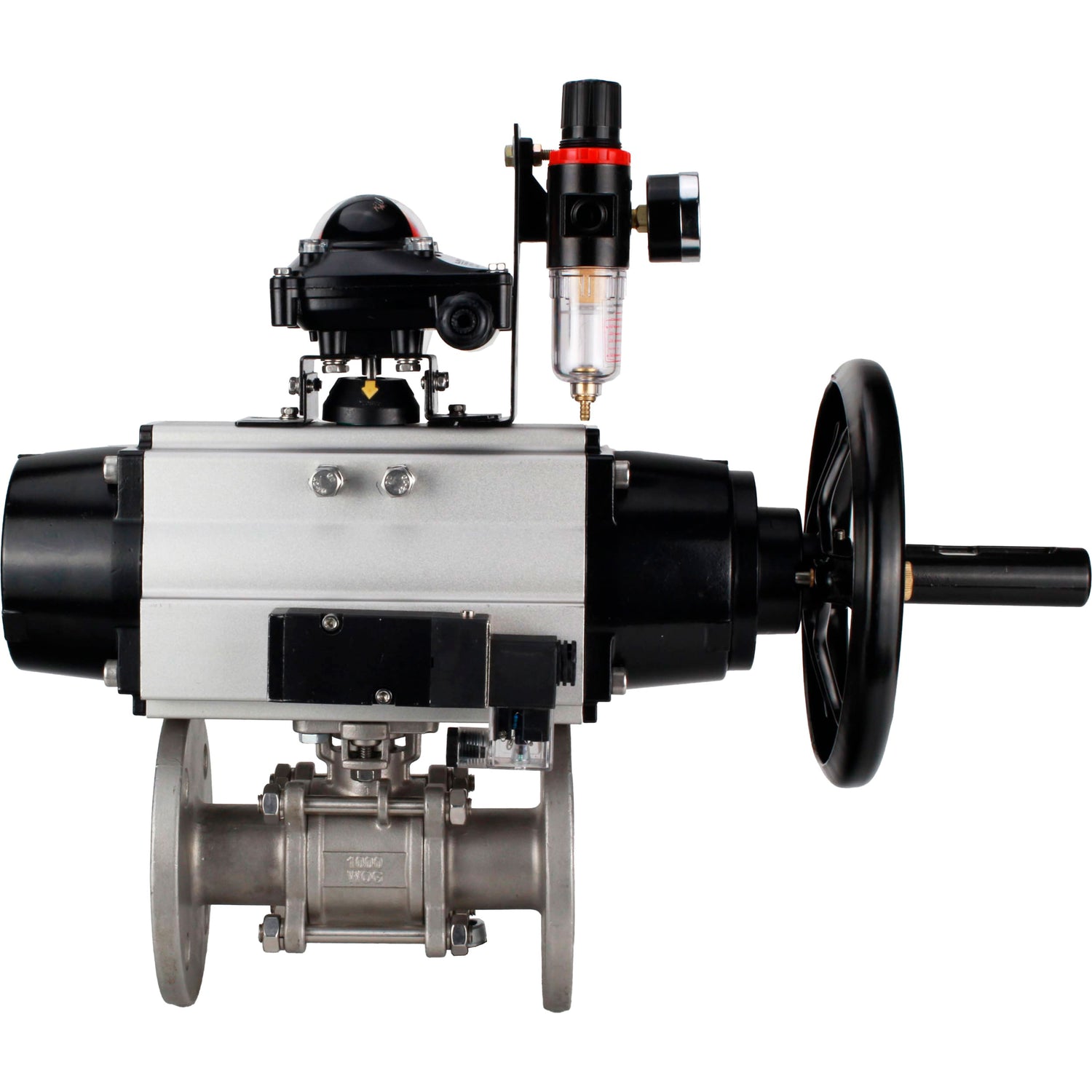 Ball valves Elephant BV3232P(3pc)-FP-F-ISO-H DN65-100 25/40 bar flanged with ISO flange, body - 316 stainless steel, full bore, seal - PTFE, with pneumatic drive PA-DA-105-1, pneumatic distributor 4M310-08 NAMUR 24V, LSU APL-210N, ATU AFC2000