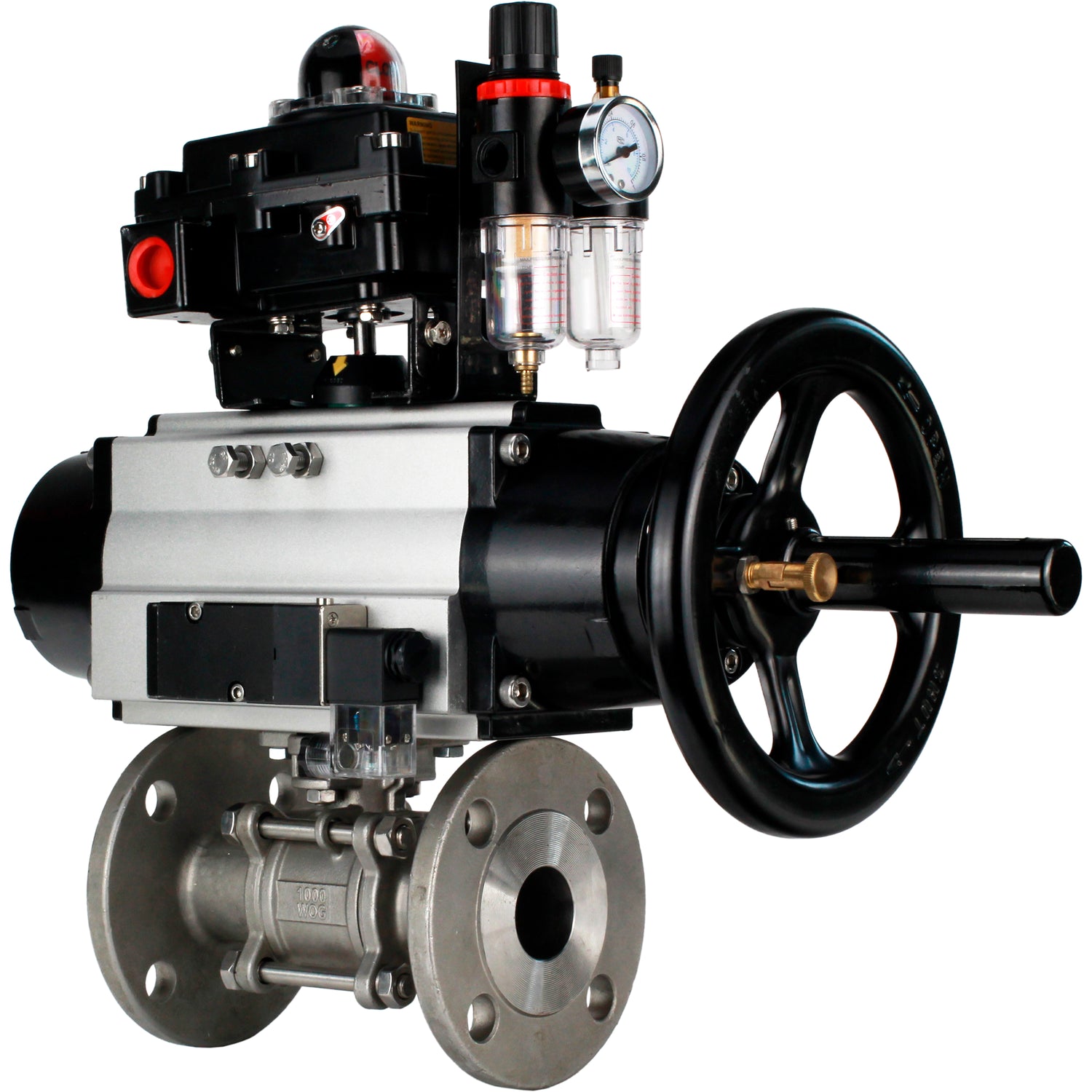 Ball valves Elephant BV3232P(3pc)-FP-F-ISO-H DN65-100 25/40 bar flanged with ISO flange, body - 316 stainless steel, full bore, seal - PTFE, with pneumatic drive PA-DA-105-1, pneumatic distributor 4M310-08 NAMUR 24V, LSU APL-410N Ex, ATU AFC2000