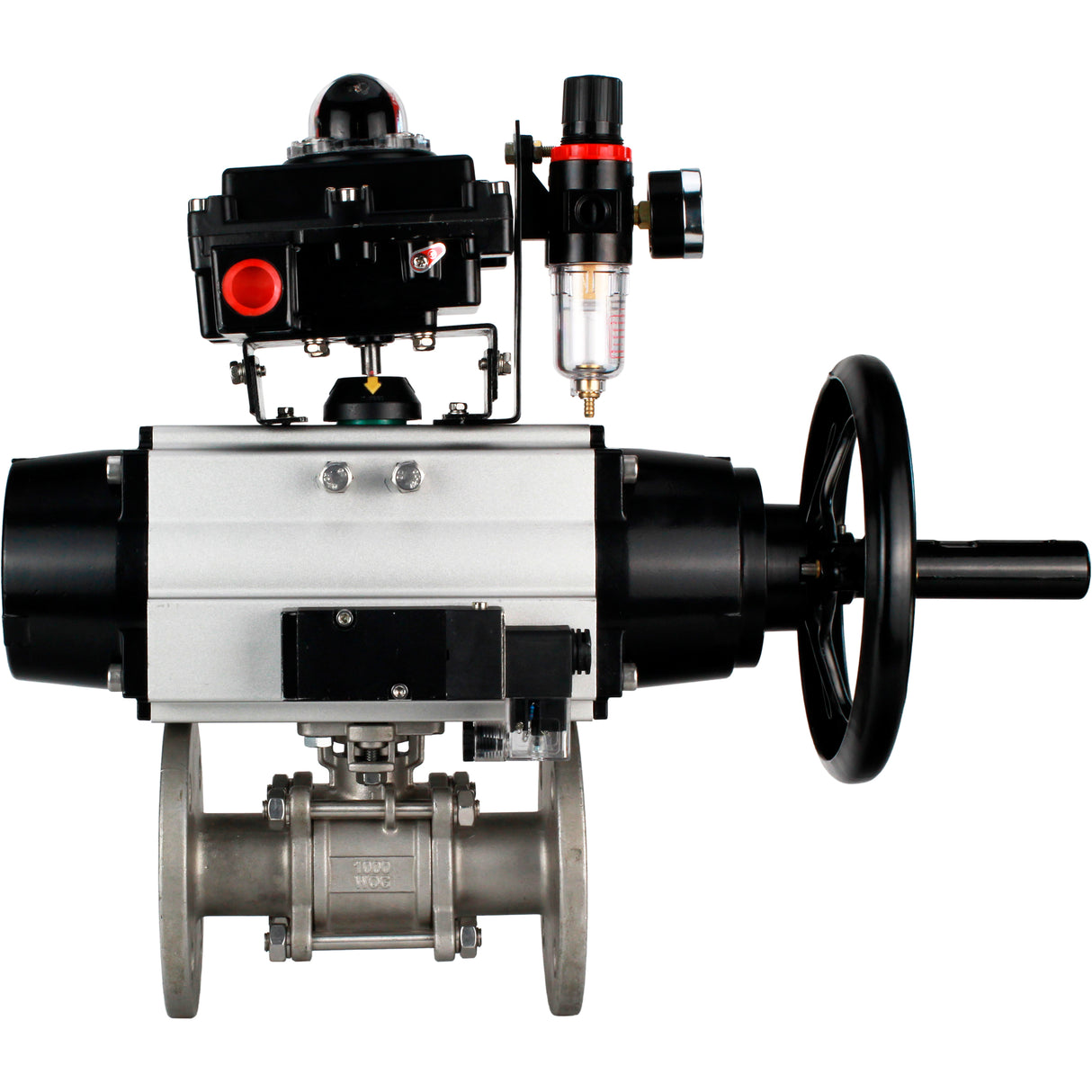 Ball valves Elephant BV3232P(3pc)-FP-F-ISO-H DN65-100 25/40 bar flanged with ISO flange, body - 316 stainless steel, full bore, seal - PTFE, with pneumatic drive PA-DA-105-1, pneumatic distributor 4M310-08 NAMUR 24V, LSU APL-410N Ex, ATU AFC2000