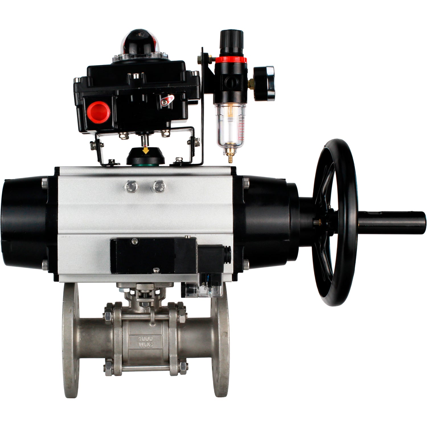 Ball valves Elephant BV3232P(3pc)-FP-F-ISO-H DN65-100 25/40 bar flanged with ISO flange, body - 316 stainless steel, full bore, seal - PTFE, with pneumatic drive PA-DA-105-1, pneumatic distributor 4M310-08 NAMUR 24V, LSU APL-410N Ex, ATU AFC2000