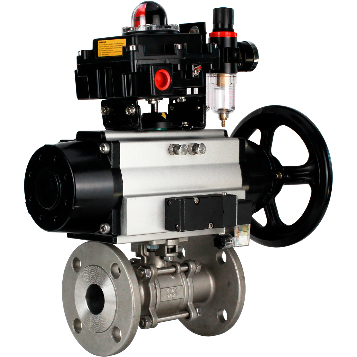Ball valves Elephant BV3232P(3pc)-FP-F-ISO-H DN65-100 25/40 bar flanged with ISO flange, body - 316 stainless steel, full bore, seal - PTFE, with pneumatic drive PA-DA-105-1, pneumatic distributor 4M310-08 NAMUR 24V, LSU APL-410N Ex, ATU AFC2000