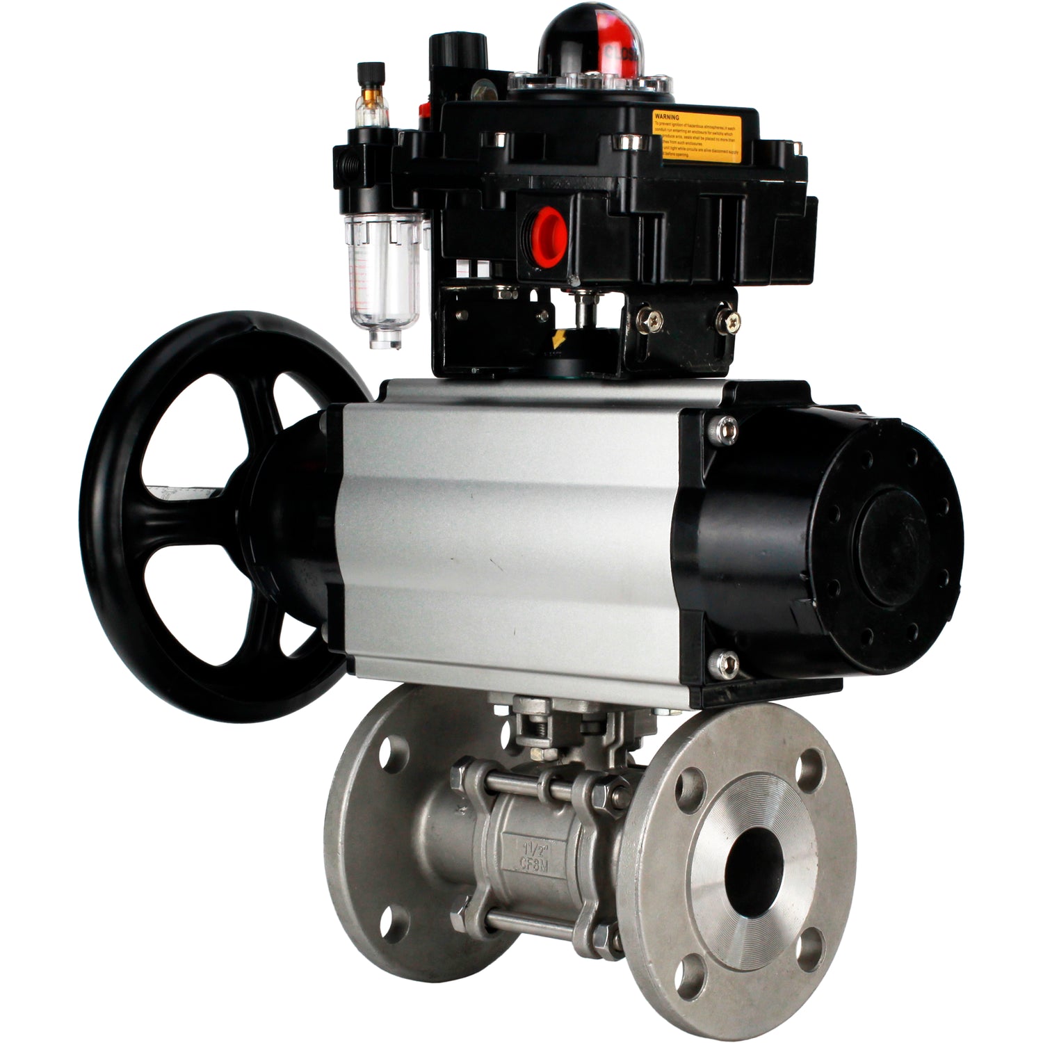 Ball valves Elephant BV3232P(3pc)-FP-F-ISO-H DN65-100 25/40 bar flanged with ISO flange, body - 316 stainless steel, full bore, seal - PTFE, with pneumatic drive PA-DA-105-1, pneumatic distributor 4M310-08 NAMUR 24V, LSU APL-410N Ex, ATU AFC2000