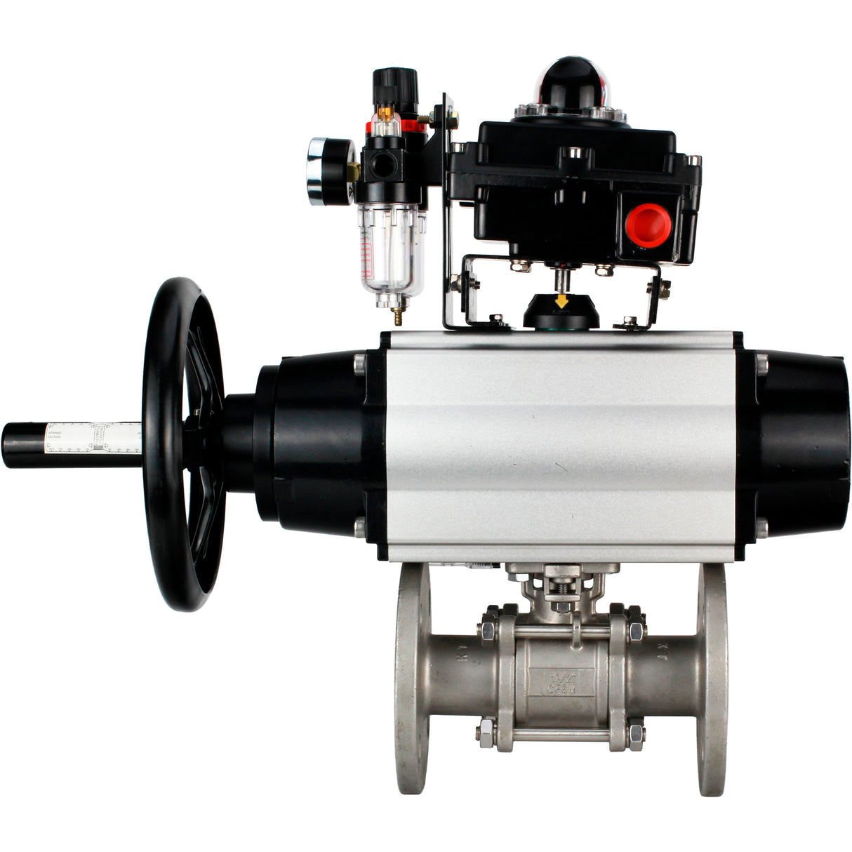Ball valves Elephant BV3232P(3pc)-FP-F-ISO-H DN65-100 25/40 bar flanged with ISO flange, body - 316 stainless steel, full bore, seal - PTFE, with pneumatic drive PA-DA-105-1, pneumatic distributor 4M310-08 NAMUR 24V, LSU APL-410N Ex, ATU AFC2000